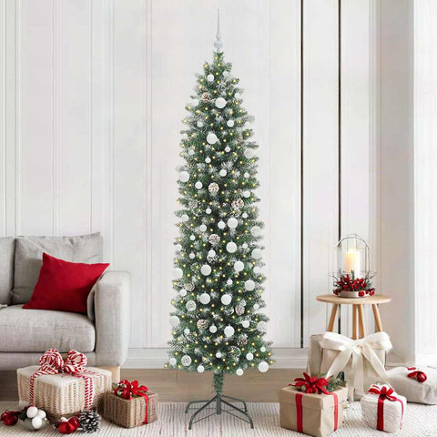 Albero di Natale Artificiale Sottile Verde e Bianco 210 cm