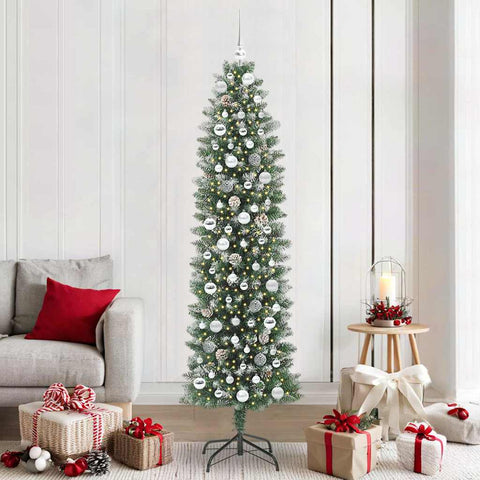 Albero di Natale Artificiale Sottile Verde e Bianco 210 cm