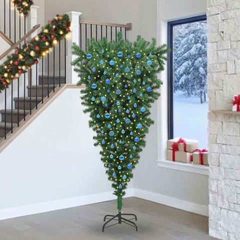 Albero di Natale artificiale preilluminato rovesciato con set di palline