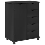 Mobile con Ruote Nero 63,5 x 39 x 79 cm Legno di Pino Massello