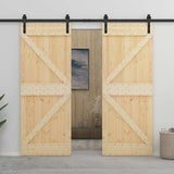 Porta scorrevole 2 pcs Naturale e Nero Legno Massello di Pino