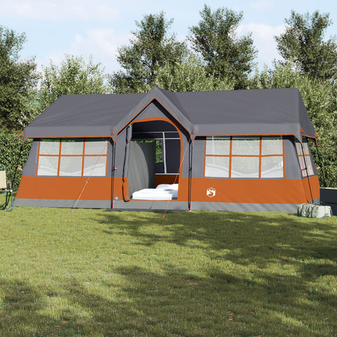 Tenda da campeggio impermeabile per 12 persone con finestre grigia e arancione.
