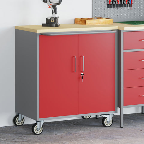 Mobile per Attrezzi con Ruote e Porte Rosse e Grigie Bloccabili 75x45x85 cm Acciaio