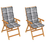 Sedie Giardino 2 pz con Cuscino Grigio a Quadri Teak Massello